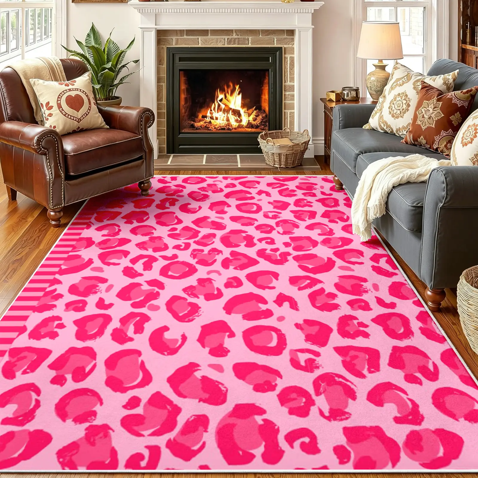 8x10ft Pink Leopard Area Rug, Hot Pink Abstract Animal Spots, Non-Slip Machine Washable Soft Faux Cashmere Carpet, Stain-Resistant Mat for Living Room Bedroom Decor, Aesthetic Alfombras para Sala