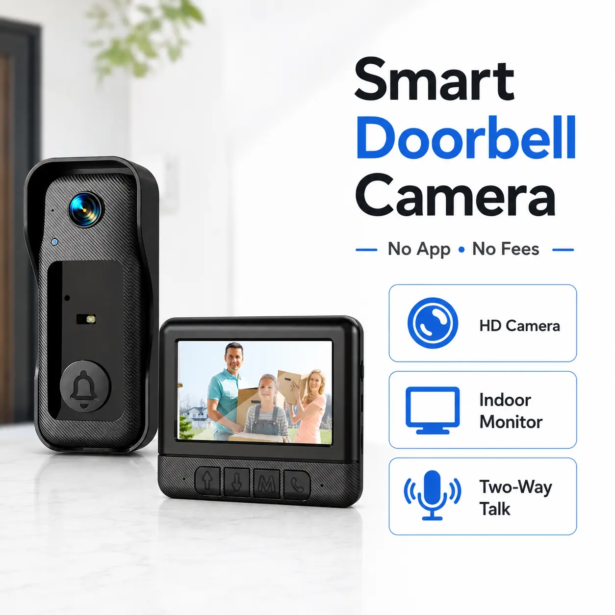 HD Wireless Doorbell Camera with Display Monitor, Two-Way Talk & Night Vision, App-Free Plug-and-Play Video Doorbell for Home, Seniors and Everyday Entry Monitoring