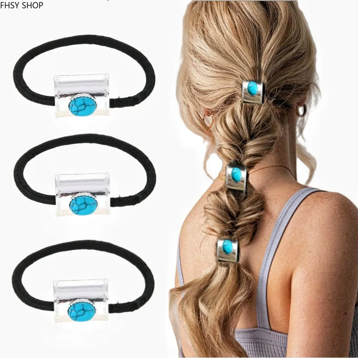 3-Pack Multicolor Boho Hair Rings Set, High Elasticity Leather Hair Rope with Turquoise & Beaded Decor, Vintage Elastic Headband Hair Tie for Women, Festival & Gift