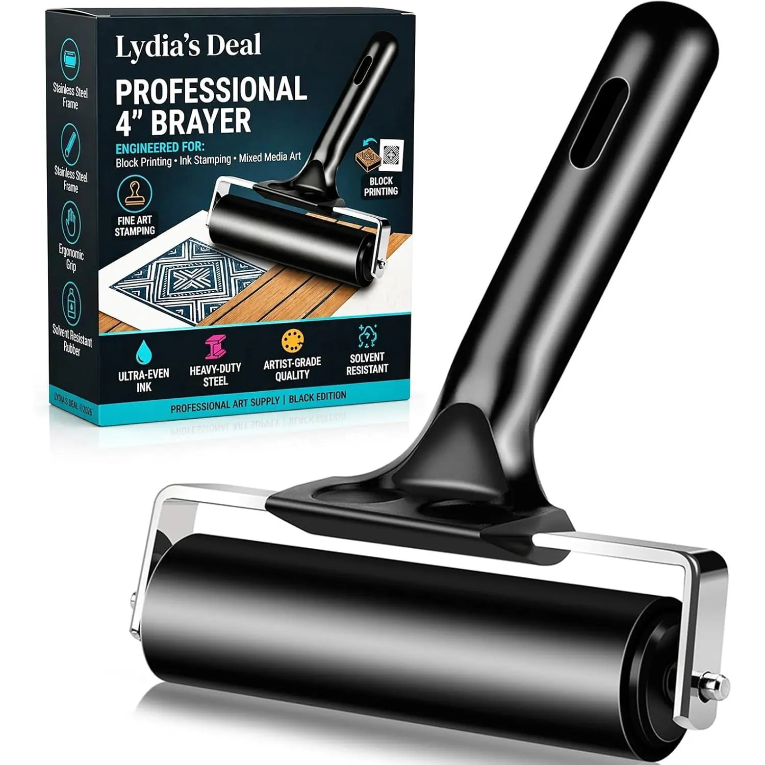4 Inch Rubber Roller Brayer Rollers for Crafting, Hard Rubber Rollers for Printmaking, Printing, Gluing and Stamping Tools, Boat Flooring & Wallpaper (Original Version, Black)