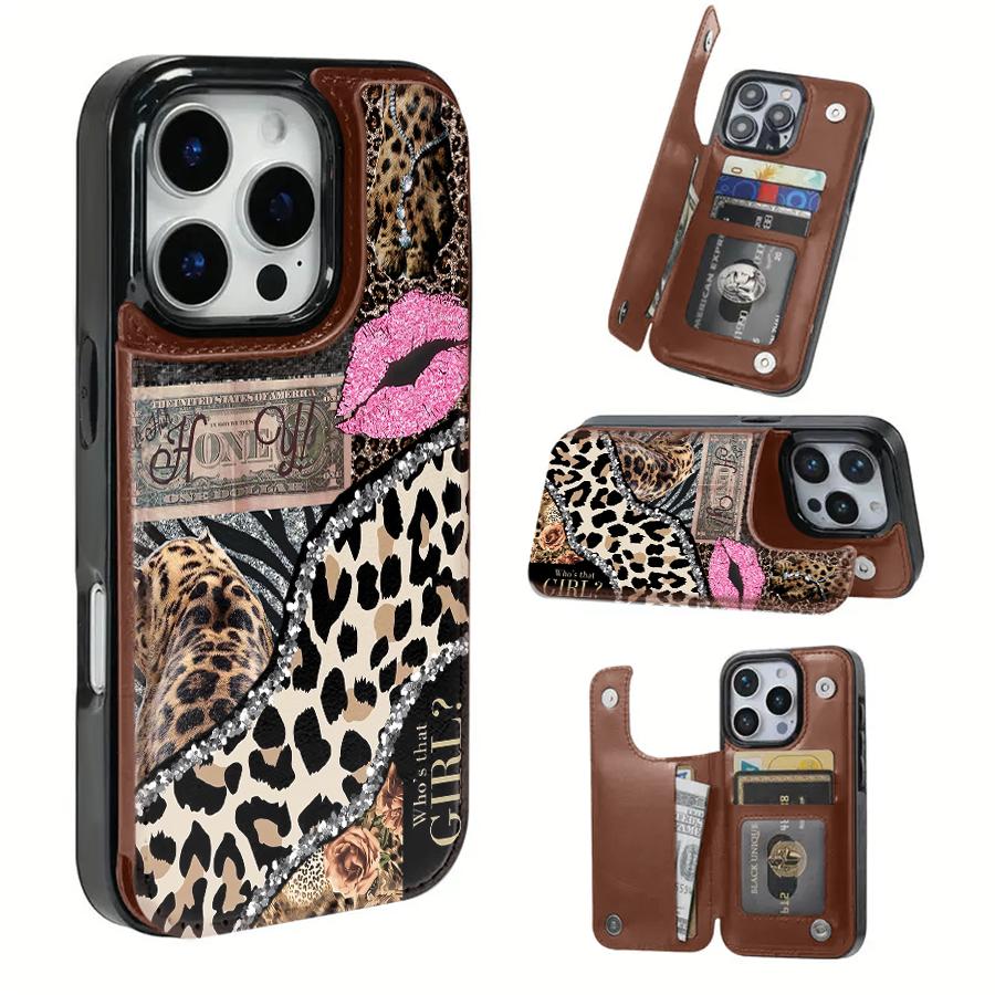 TPU iPhone 16 Case - Christmas-Themed Soft Cover with Hyperrealism Animal Print, Phone Aesthetic Pink Leopard Lip Design, Card Slots for Bank & Transit Cards, Retro Bag-Style Protective Mobile Accessory
