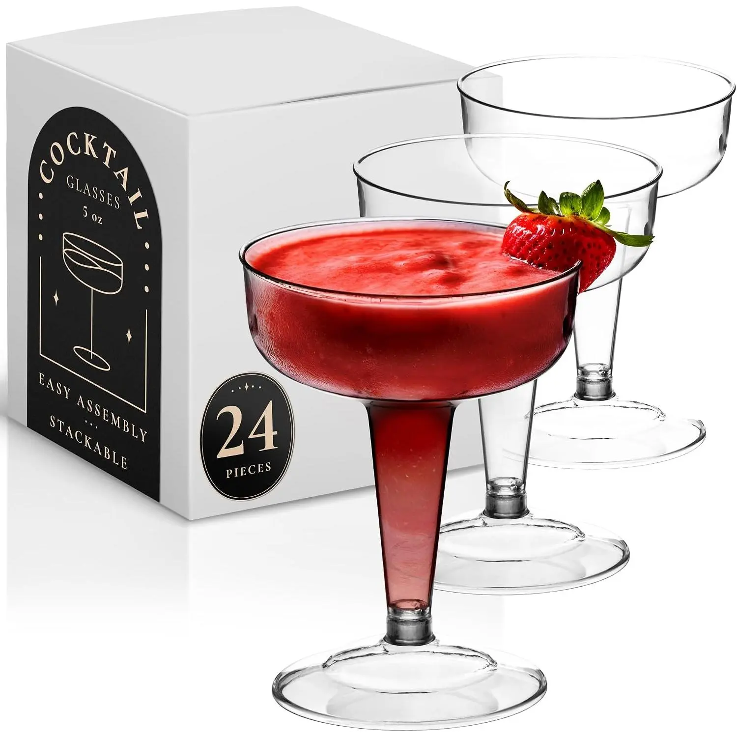 24 Coupe  Glasses, 5 Oz, , Plastic  Glass,  for Outdoor Parties, Weddings, Hosting, Stackable, , Disposable Stemmed Cups (Pack of 24)