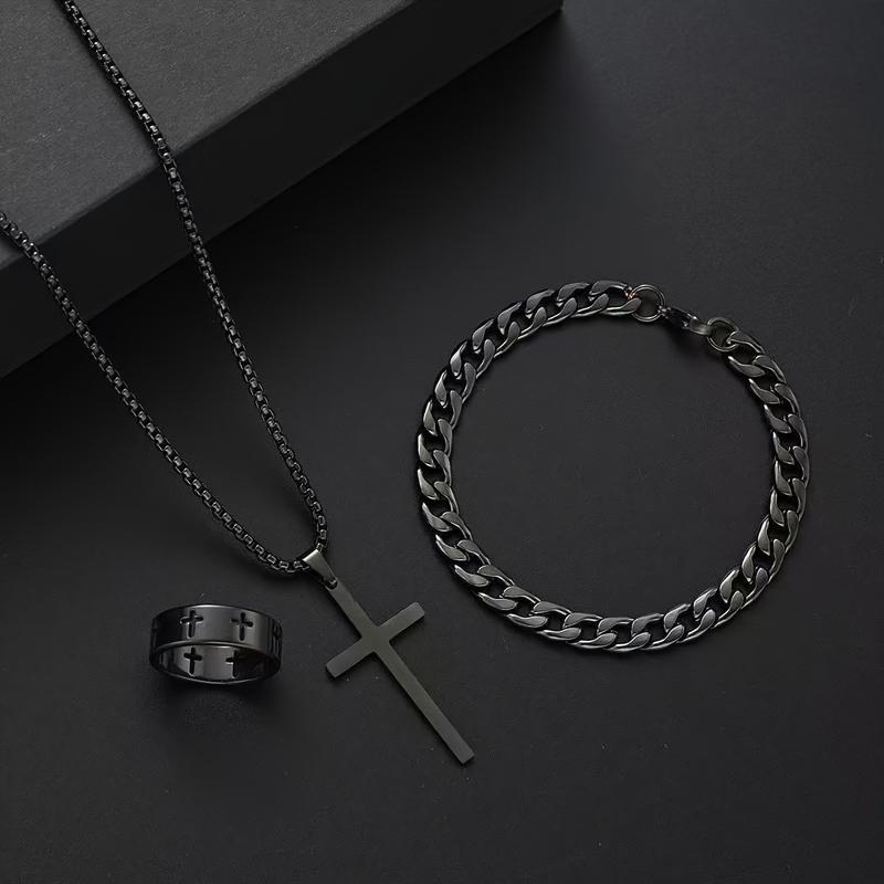 3-Piece Cross Jewelry Set – Vintage Minimalist Necklace, Bracelet, & Ring, Unisex Accessory for Everyday Wear, Perfect for Gifting & Stylish Daily Looks