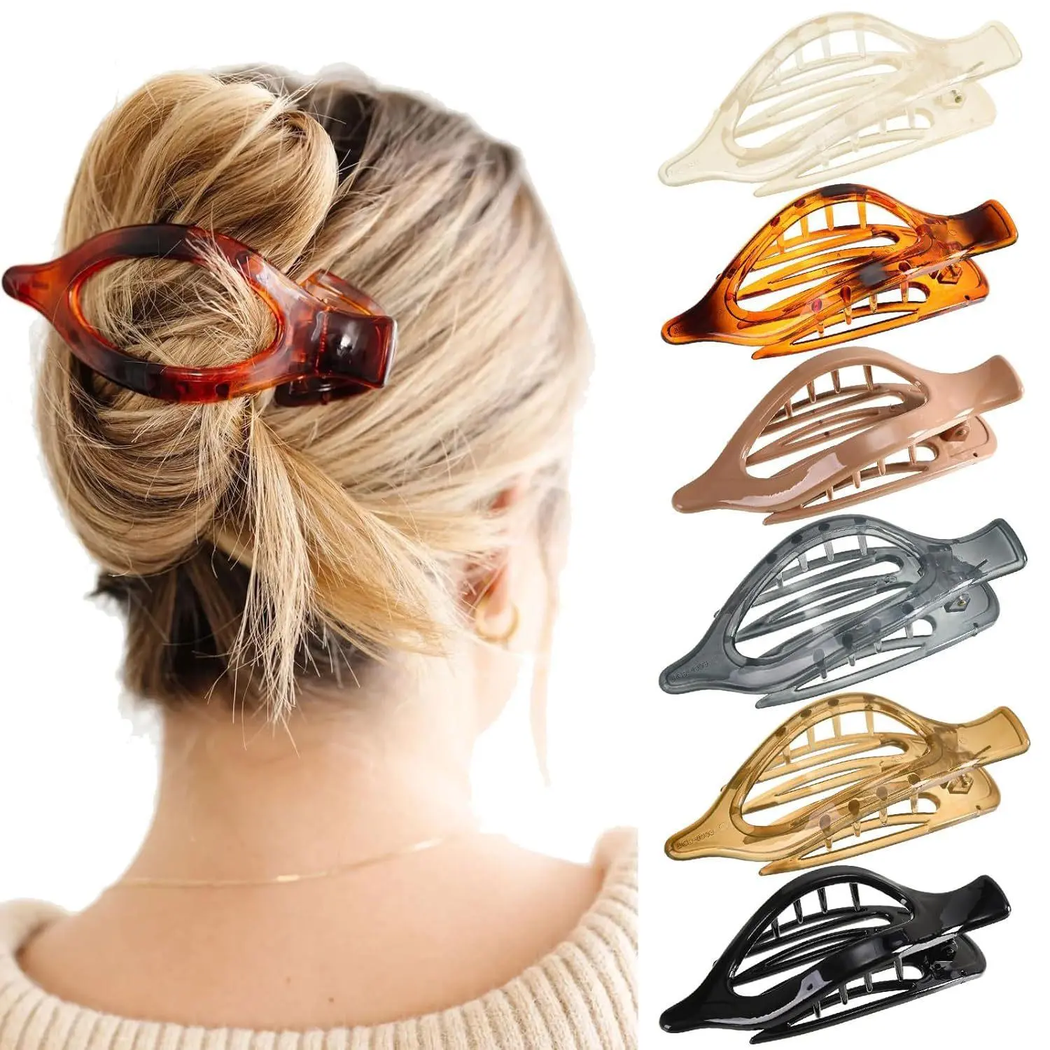 6Pcs Unisex Resin Matte Hollow Oval Hair Claw Clips - Mini Flat Classic Glossy Translucent Tortoise Shell, Non-Slip, Heavy-Duty Concealed Spring Hair Styling Accessories for Daily Use, Matte Gloss, Hair Securing