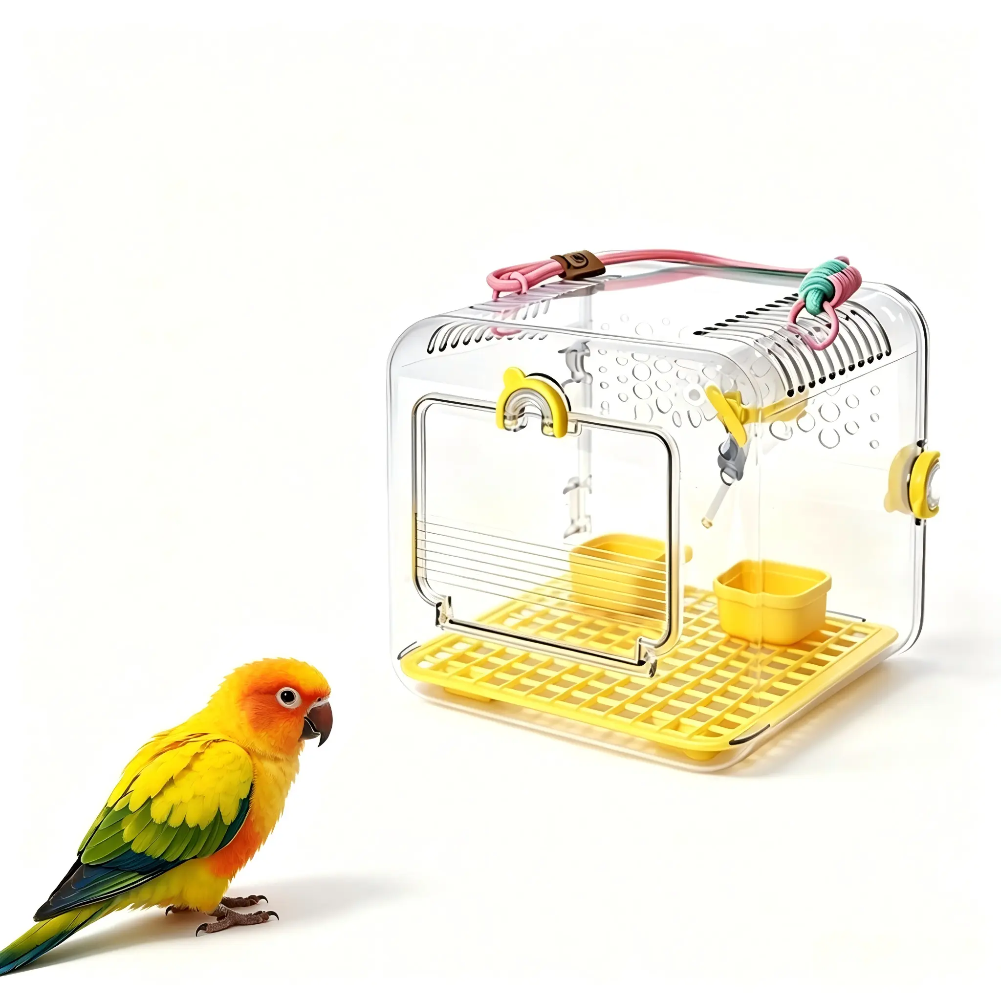 Portable Plastic Parrot Travel Cage with Carry Handle, Water-Resistant Lid - Outdoor Handheld Carrier for Sun Conures, Small Birds
