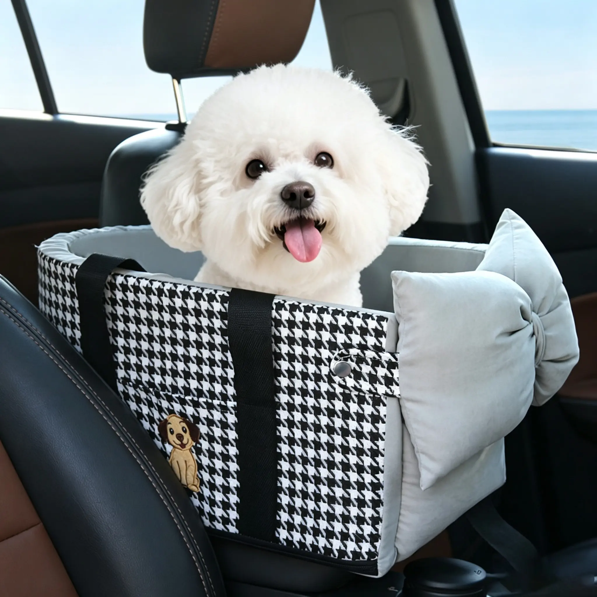 Portable Pet Seat for Car Front Middle Position, with Safety Belt and Anti-Collapse System, Soft Cushion for Small Pets Up to 11 Lbs