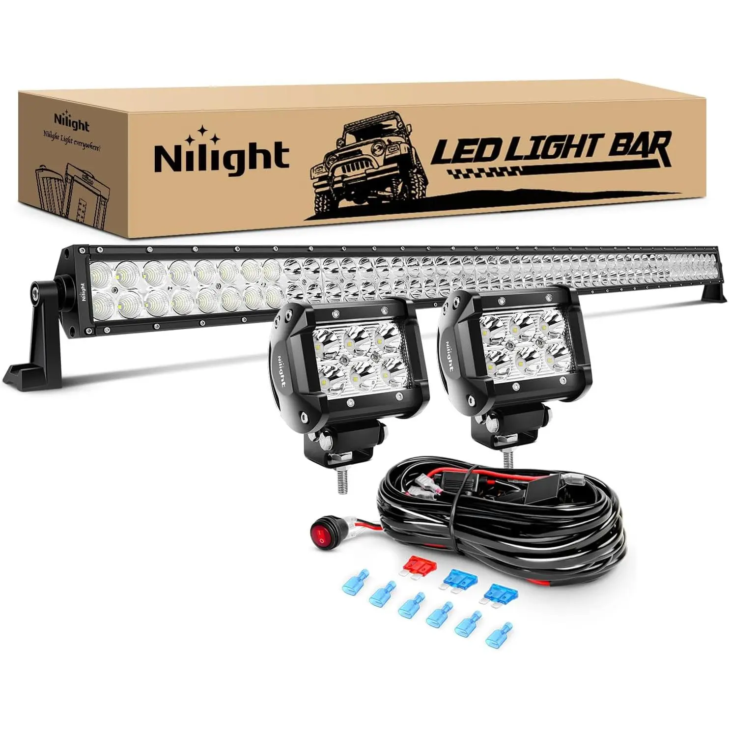 Nilight 52 Inch Spot Flood Combo Led Light Bar 2PCS 4Inch 18W Spot LED Fog Lights With Off Road Wiring Harness- 3 Leads led Underglow Car, Cars Accessories, Car Stuff