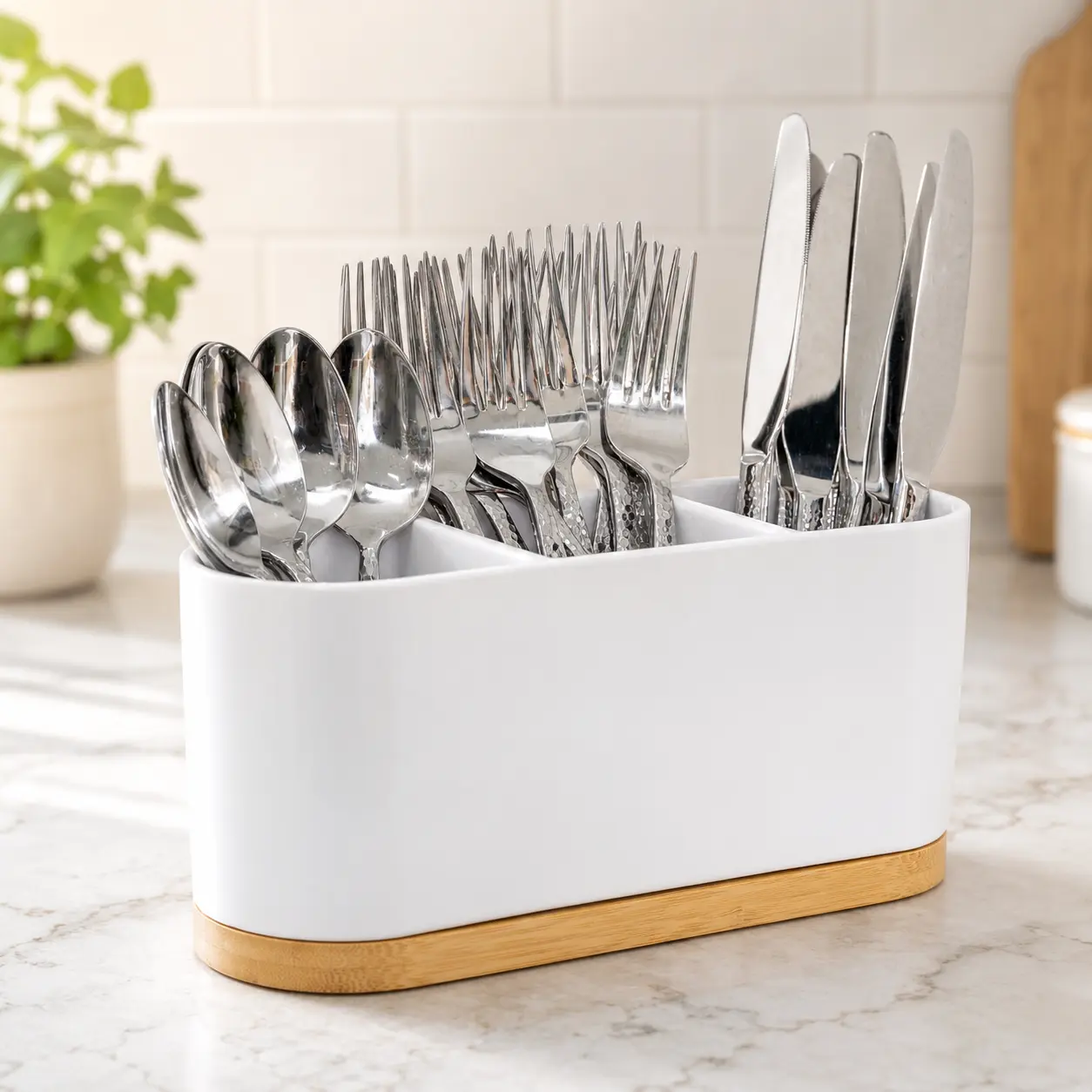 3 Compartments Silverware Caddy with Bamboo Base, White Plastic Utensil Organizer for Kitchen Countertop, Multi-Slot Flatware Cutlery Holder for Forks Spoons Knives, Tableware Storage Caddy for Kitchen, Dining & Cabinet Organization