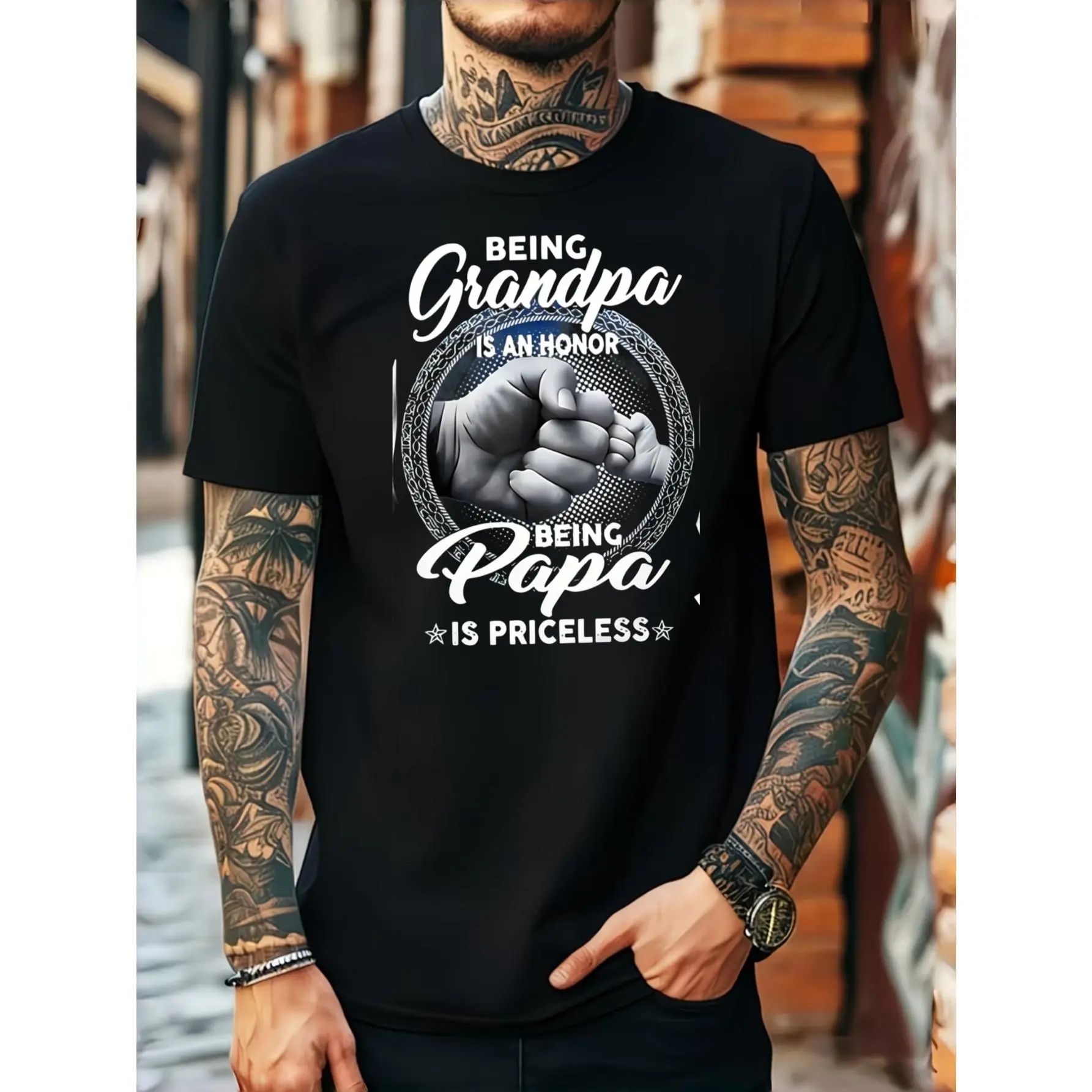Casual Graphic, Men's T-Shirt, Being Grandpa Is An Honor Being Papa Is Priceless Fist Bump Design, Summer Fatherhood Gift, For Grandfather Papa