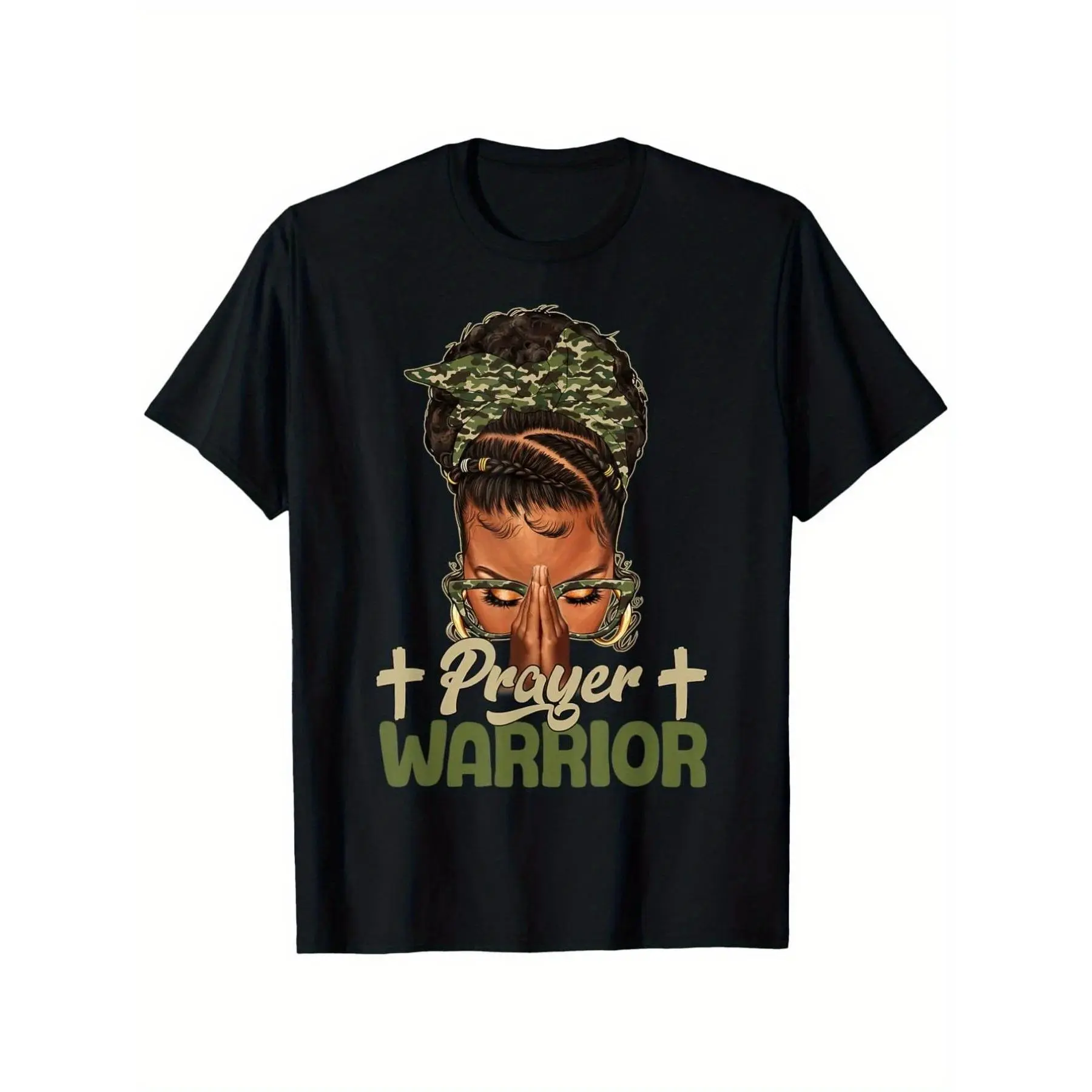 Men's Christian Prayer Warrior Camo Cross Graphic T-Shirt - Round Neck, Short-Sleeve Cotton Casual Wear Tops, Unisex Menswear for Church Worship Faith Activities, Shortsleeve, Cotton Fabric, Camo Print, Religious Iconography Men's Short-Sleeve T-Shirts, C
