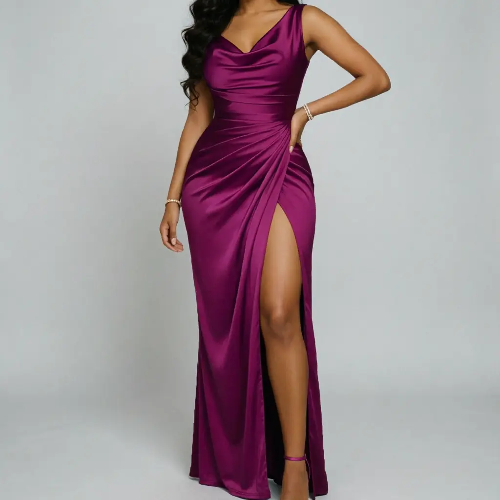 Women's One Shoulder Satin High Split Cocktail Fit Wedding Party Maxi Formal Dress