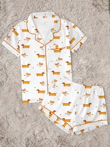 Quirky Wiener Dog & Bow Print Pajama Set for Women | Cute Hot Dog Dachshund Button Up Sleepwear | Soft 2-Piece Short Sleeve Summer Lounge Set with Orange Piping | Fun Sleepover PJs | Cozy Pet Lover Gift