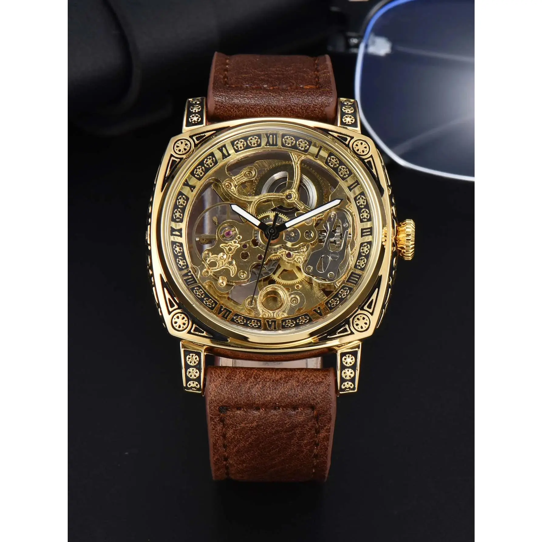 Men's Retro Automatic Mechanical Watch - Engraved Skeleton Face, Hardlex Glass, Luminous, Waterproof Auto-Wind Leather Strap, Casual Style, Automatic Mechanical Movement, Ideal Boyfriend's Gift, Minimalist, No Logo
