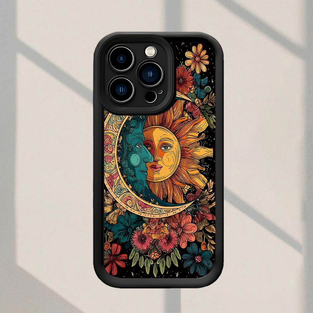 Stylish Phone Case Featuring a Sun And Moon Floral Design, Offering Shock Resistance And Anti-Fingerprint Properties. It Provides Full Coverage And Is a Thick, Soft Protective Case with iPhone 17 E Air Pro ProMax iPhone16 15 14 Plus 13 12 Mini 11 X XS XR