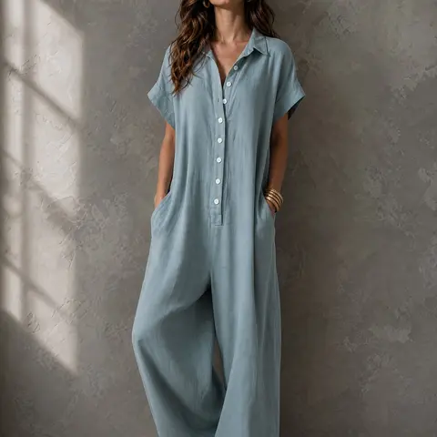 European Style Casual Short Sleeve Button Front Jumpsuit, Loose-Fit Wide-Leg Shirt Jumpsuit, Comfortable and Stylish Clothes
