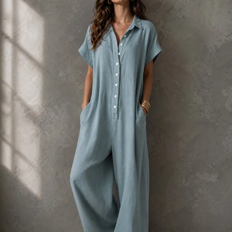 European Style Casual Short Sleeve Button Front Jumpsuit, Loose-Fit Wide-Leg Shirt Jumpsuit, Comfortable and Stylish Clothes