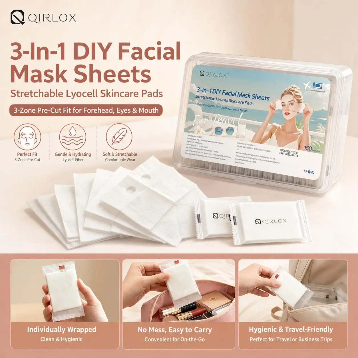 3-In-1 Wet Cotton Pads, Individual Packaging, Stretchable Lycra Fiber Facial Care, Makeup Remover Pads, Suitable for Face Use
