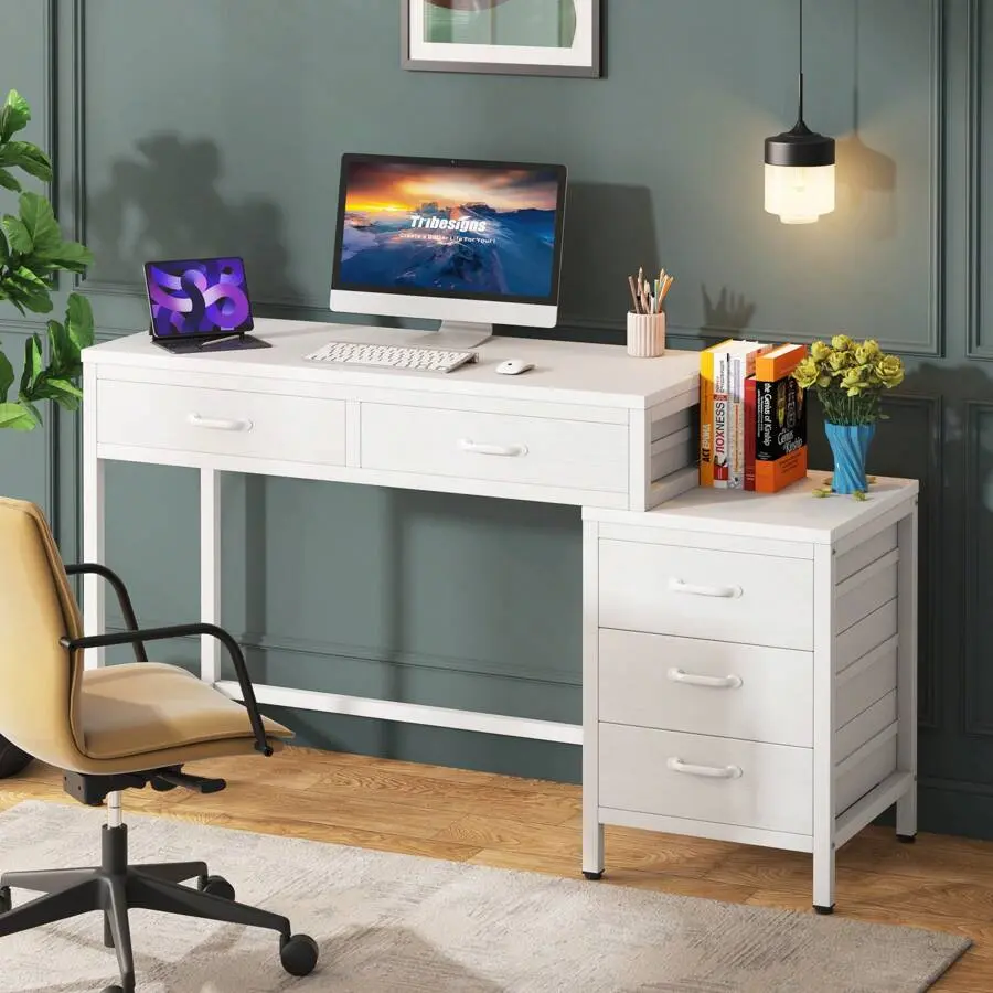 Computer Desk With 5 Drawers, Multi-Purpose Office Desk With Convertible Drawer Cabinet Printer Table, Industrial Style Study Desk With Ample Storage Home Ofice Decor Furniture, White