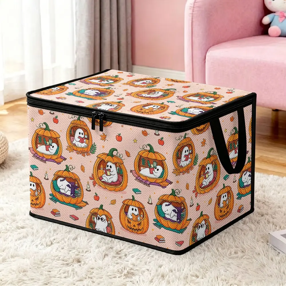 Cute Halloween Pumpkin Ghost Reading Print Non-woven Storage Box, Foldable Fabric Organizer with Zipper and Handles, Dust-proof Storage Bin for Dolls, Clothes and Snacks for Home Bedrooms, Large Capacity Halloween Themed Fabric Storage Container for Girls