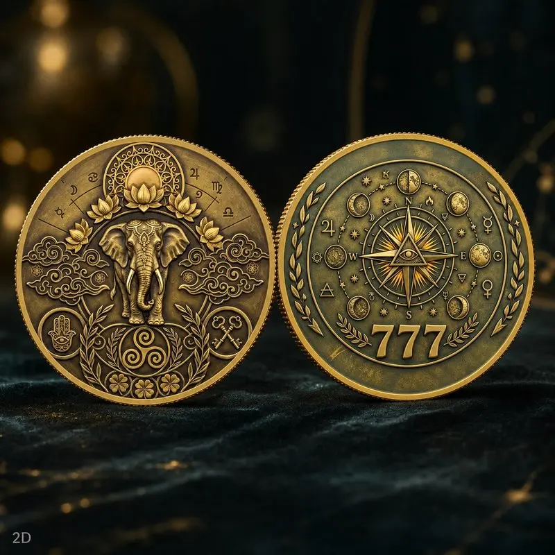 2D Coin | 1PCS 777 Lucky Commemorative Coin Vintage gold coin Meditation Ornament Decor with elephant, lotus, compass, stars and moon For luck, wealth, blessings & goal achievement Ideal for gifts, meditation and collection Decoration Items