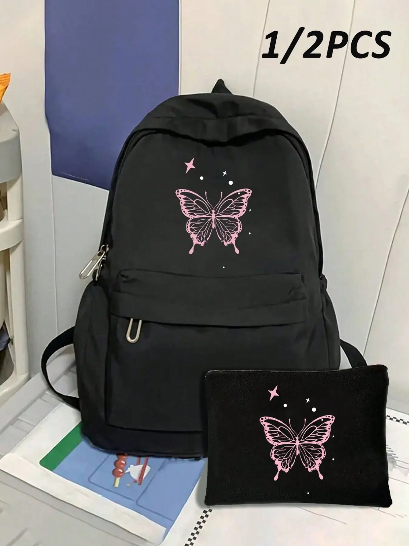 Butterfly Print Large Backpack, Fashion Teen Backpack, Classic Long Zip Wallet, High Capacity Zip Wallet, Laptop Bag for School Season