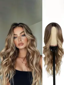 Gradient Highlight Wig, High Crown Voluminous Big Wave Full Wig, Face Slimming Synthetic Hairpiece for Stylish Look, Synthetic Wigs