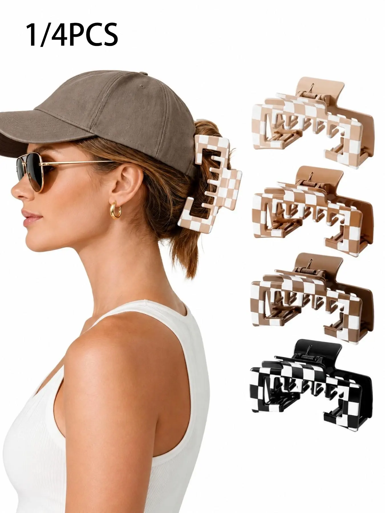 1/4 Pcs Large Two-Tone Plaid Square Hair Claw Clip – Strong, Non-Slip Grip; Suitable for Thick or Fine Hair. Ideal for Daily Commuting, Travel, Hawaiian Beach Vacations, Parties, and More. Women's Hair Accessory.