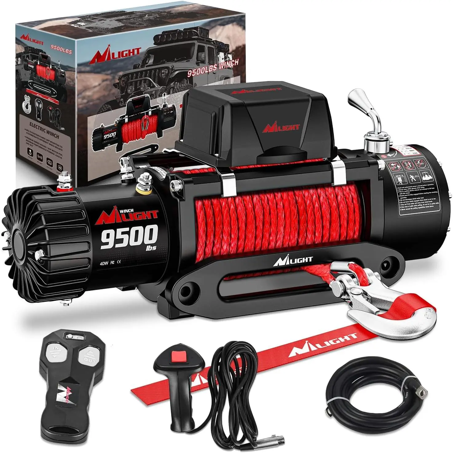 Nilight 12V Heavy Duty Electric Winch, IP68 Rated 9500 LBS Truck Accessory with Red Synthetic Rope, Hawse Fairlead, Wired & Wireless Remotes, Adjustable Rope for Trailers, Off-Road Vehicles, Truck Accessories