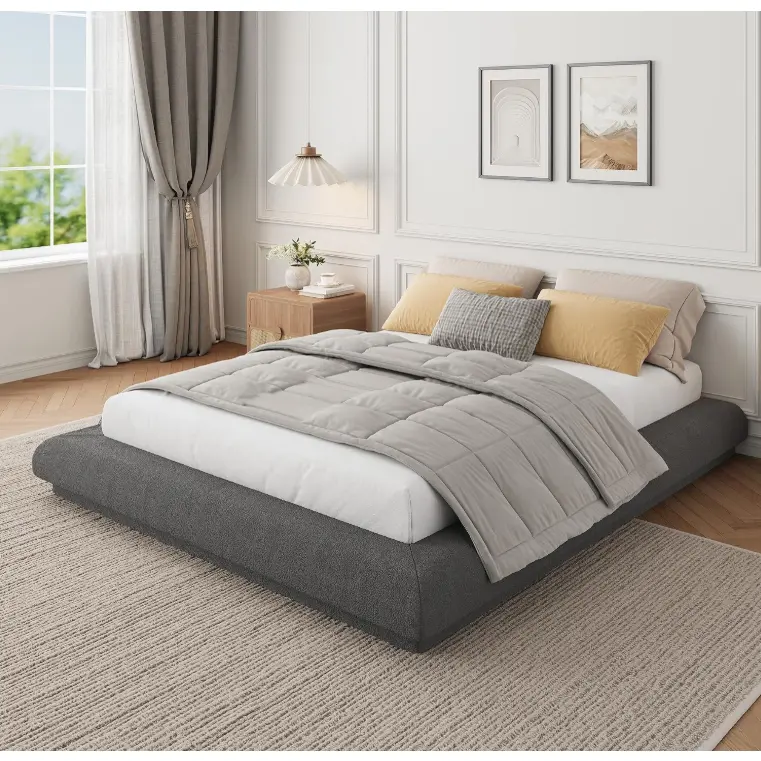 Cloud Platform Bed Frame with Upholstered，No Box Spring Needed, Easy Assembly, Noise-Free, Dark Gray/Off White