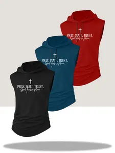 3 Pack Men's Christian "PRAY. WAIT. TRUST. God has a plan" Print Sleeveless Hooded Tank Tops Cross Faith Inspired Workout Hoodie Vest For Gym Training Church Streetwear Casual Outfits 3 Pack Men's Christian "PRAY. WAIT. TRUST. God has a plan" Print Sleeve