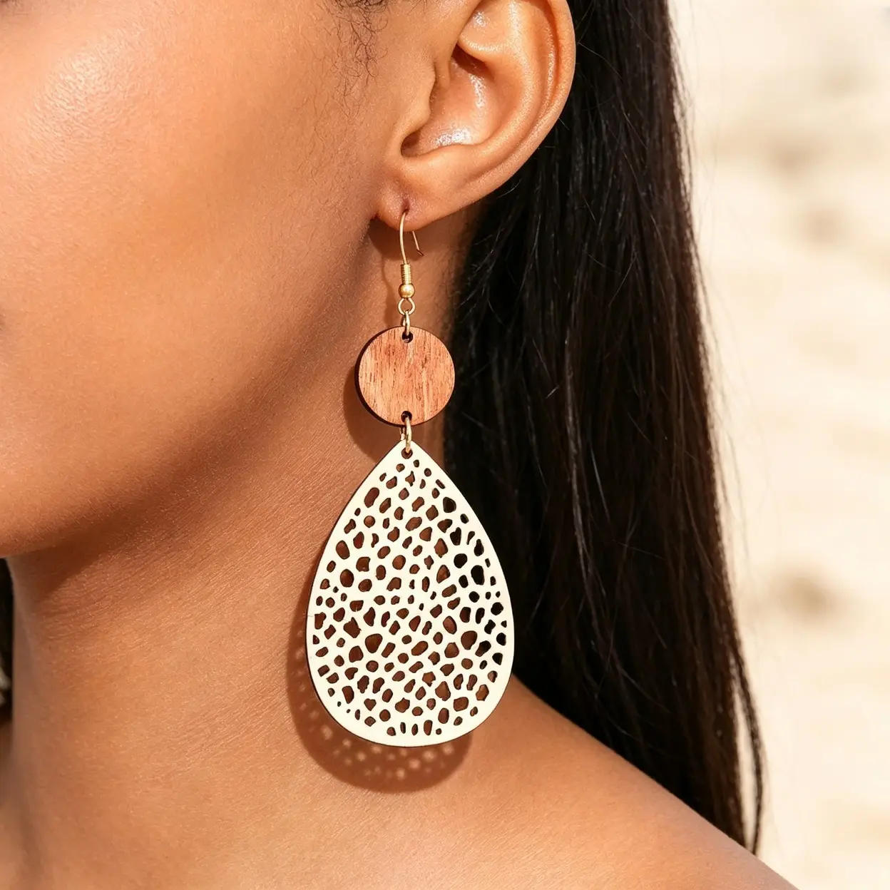 Boho Hollow‑Cut Teardrop Dangle Earrings, Wooden Disc , Lightweight Bohemian Statement Jewelry For Beach Vacation & Daily Casual Outfits, Sohochic