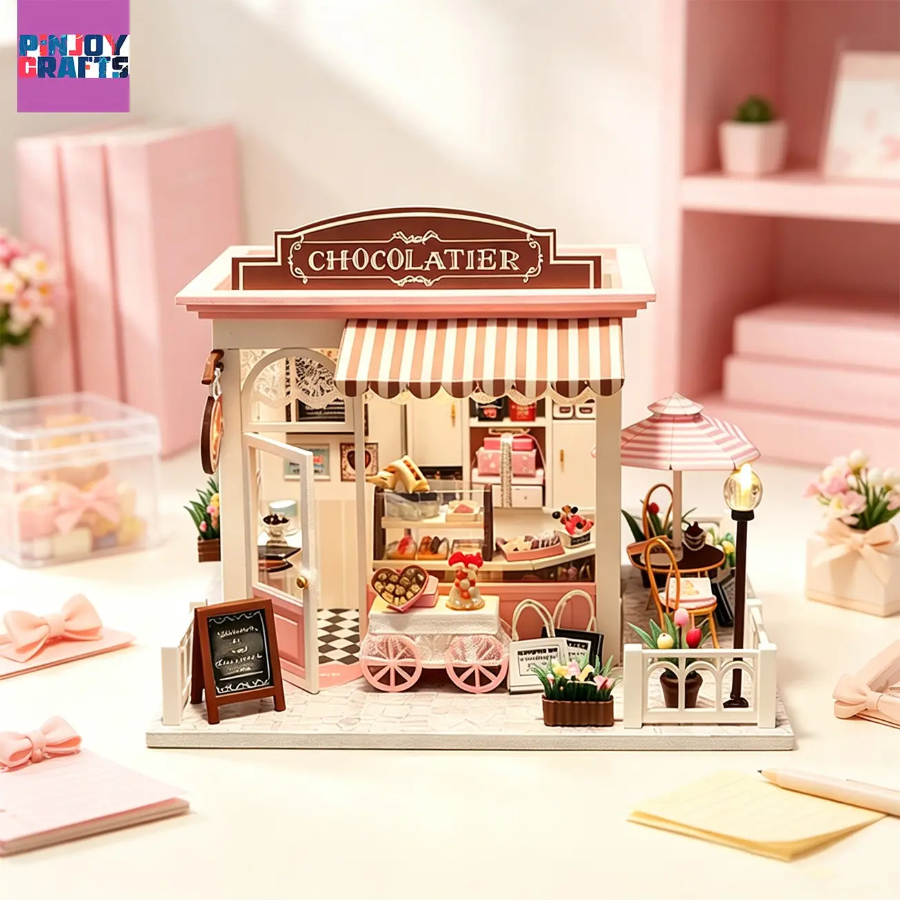 Handmade Handcrafted Wooden DIY Stress Relief Kit, Chocolate Shop Miniature Model Set, Bookshelf Desktop Decor, Gift Box Included, Perfect for Birthdays and Holidays, Handmade Crafts