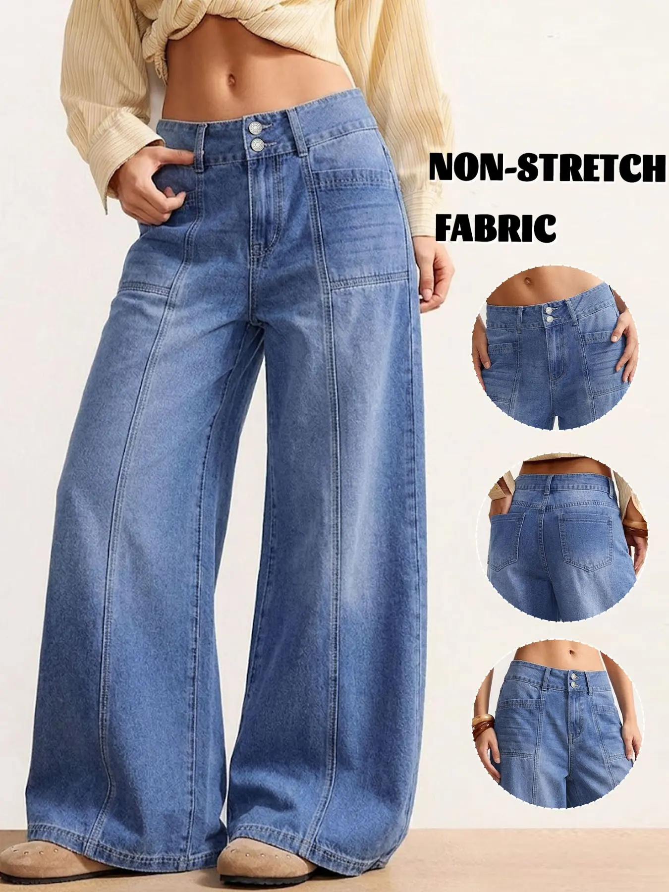 Lkuily Women's Medium Wash Double Button Front Multi Vertical Stitch Double Square Patch Pocket High Waist Wide Leg Floor Length Casual Design Jeans, Loose Drape Hip Cover Long Straight Pants, Denim Trousers For American Retro Office & Daily Casual Wear