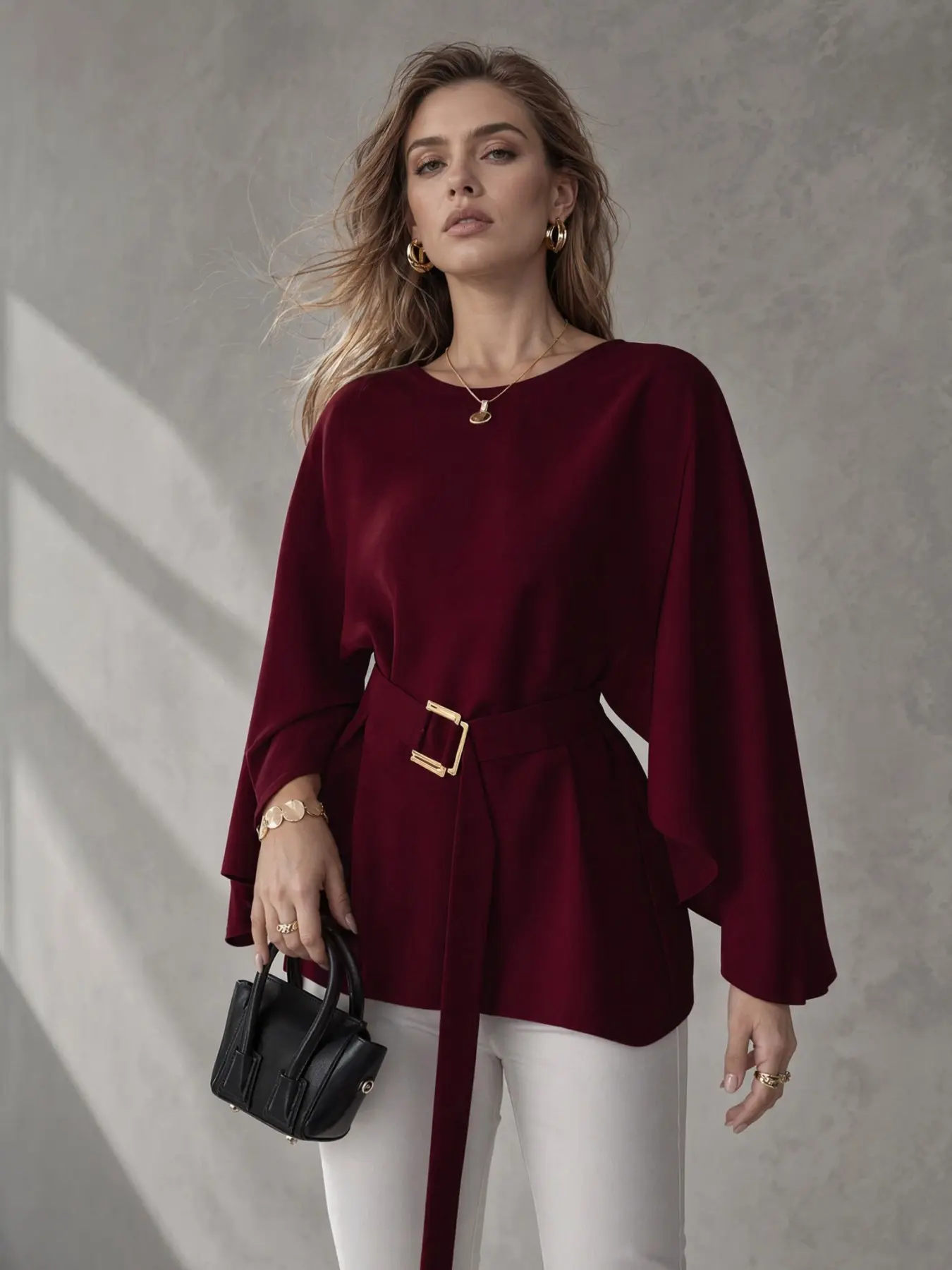 Women's Round Neck Batwing Sleeve Blouse, Loose Fit Midi Top, Waist Cinched Belt Buckle, Elegant Office Shirt, Casual Daily Wear, Basic, Long Sleeve