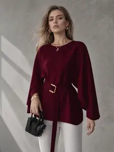 Women's Round Neck Batwing Sleeve Blouse, Loose Fit Midi Top, Waist Cinched Belt Buckle, Elegant Office Shirt, Casual Daily Wear, Basic