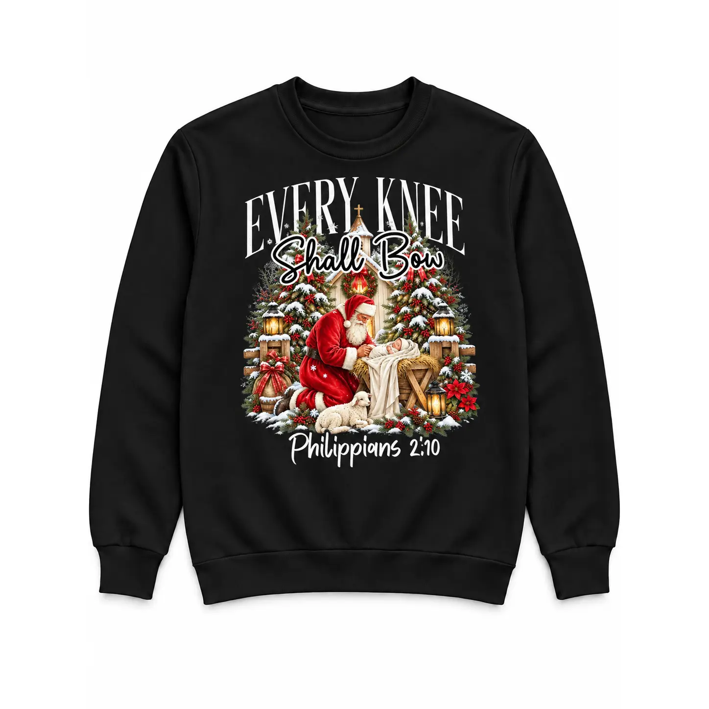Every Knee Shall Bow Christian Christmas Graphic T-Shirt or Crewneck Sweatshirt, Philippians 2:10 Nativity Scene, Unisex Faith Shirt