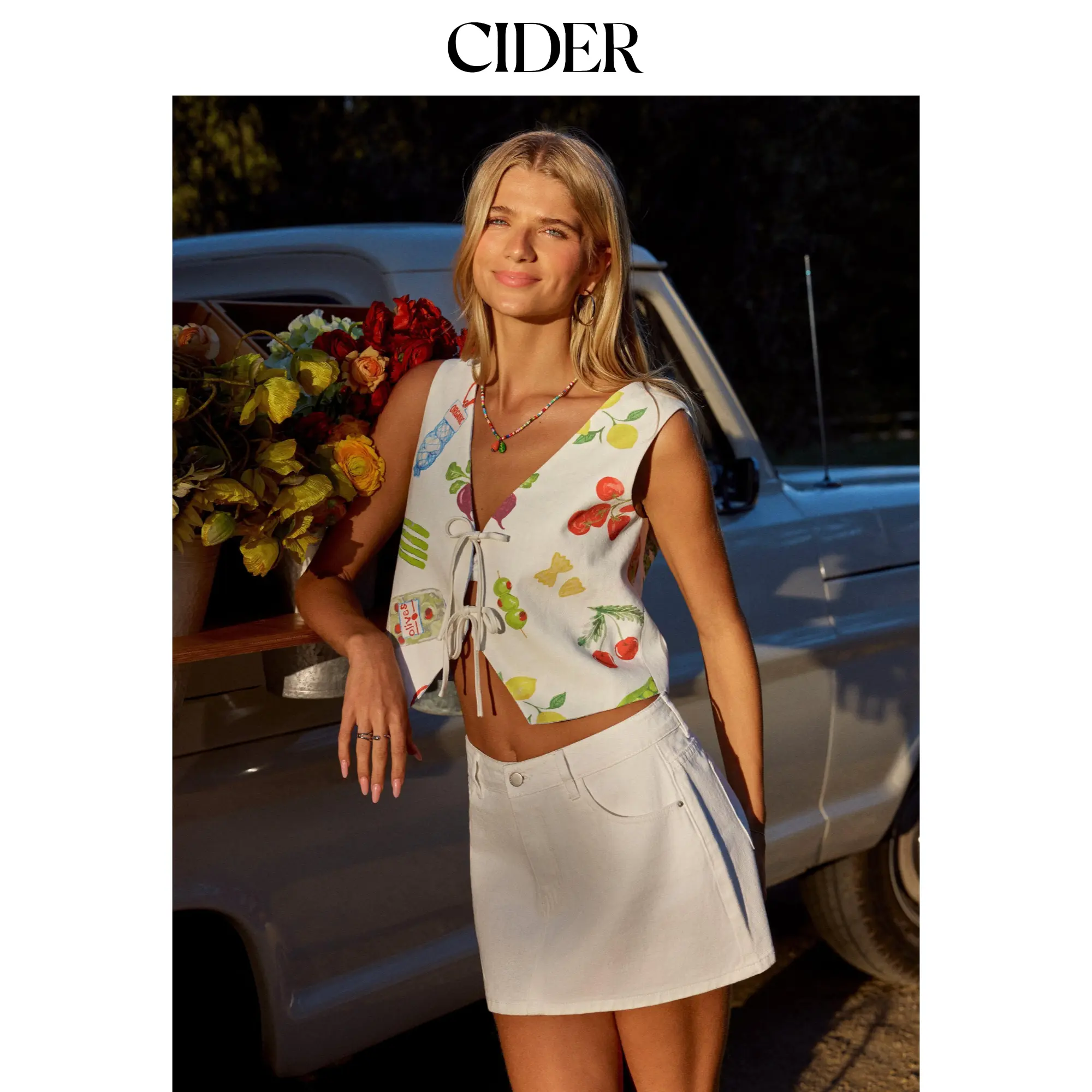 Cider Fruit Graphic Color-Blocking V-Neck Oversized Reversible Jacket Vest SummerFinds