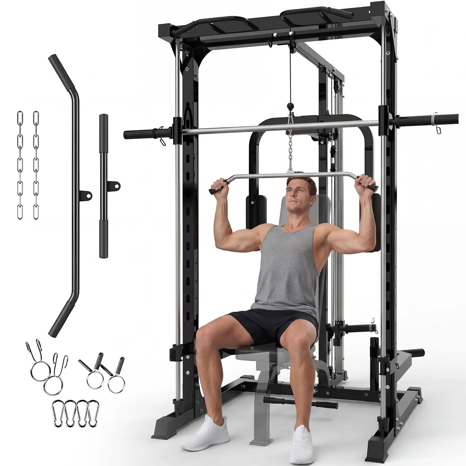 Gaomon Smith Machine Power Cage - 1000lbs Capacity Smith Machine Gym, Heavy Duty Carbon Steel Squat Rack with LAT Pulldown & Bench Press for Home Garage Strength Training Station
