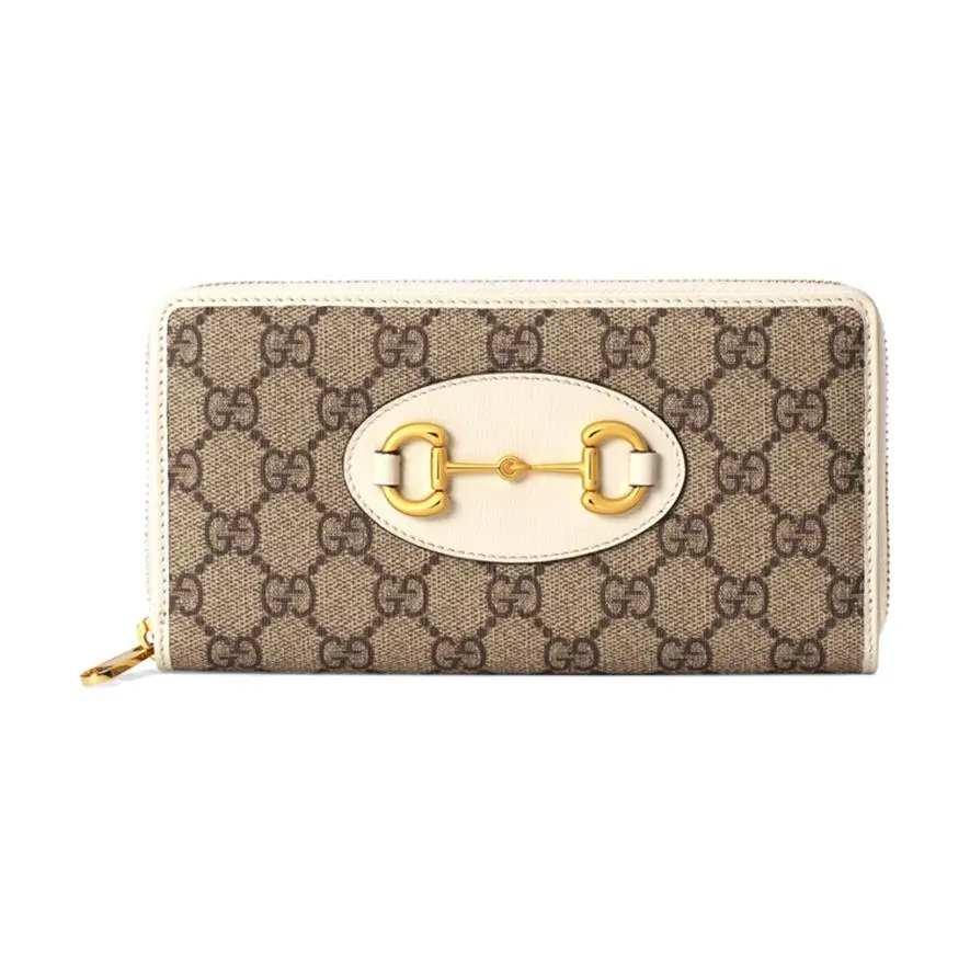 Gucci Horsebit 1955 Vintage Gold-Tone Logo Leather Long Wallet for Women in Ebony and White