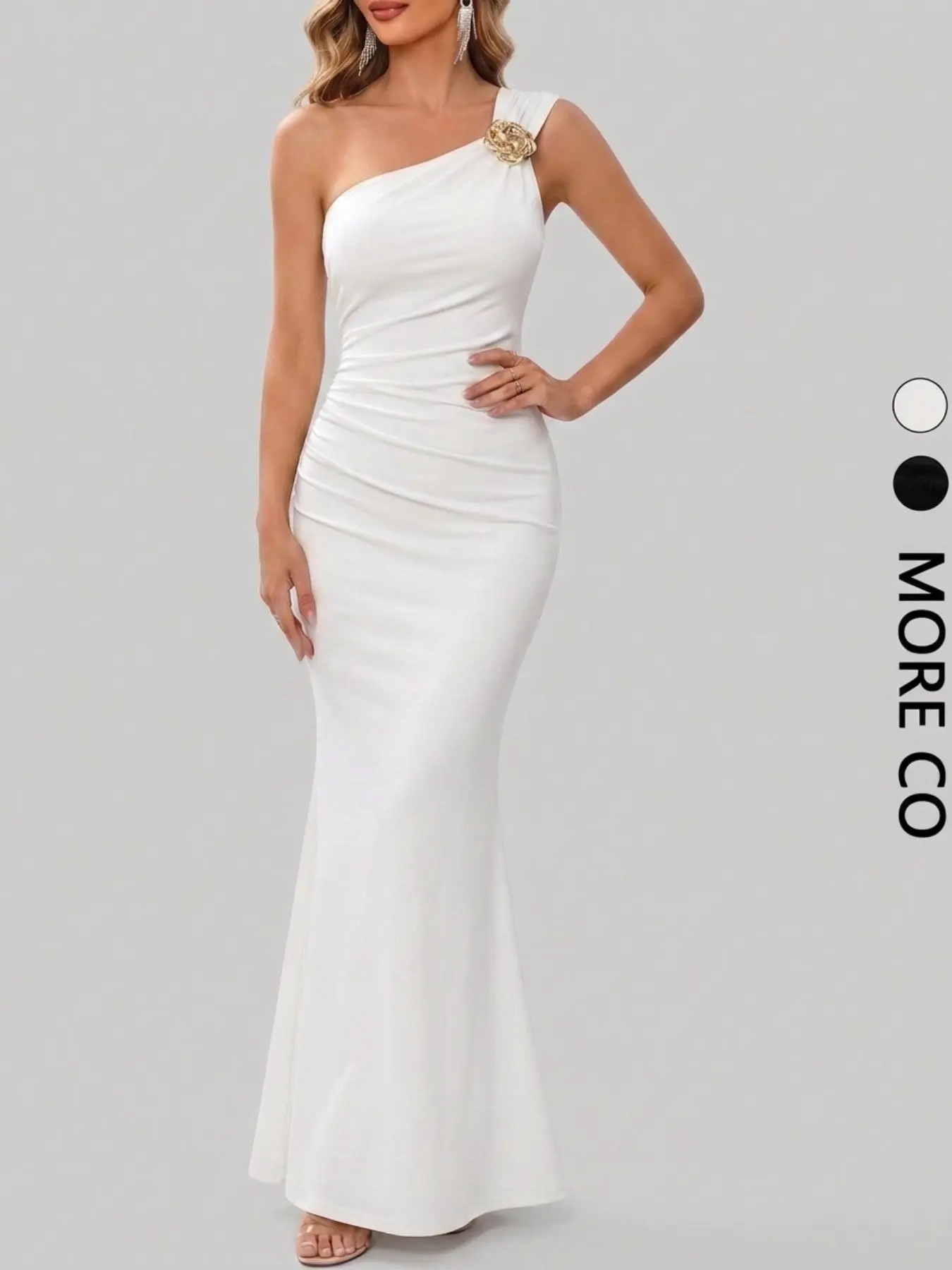 Women's Elegant Asymmetric Neckline Ruched Fishtail Maxi Dress with Brooch | Slim-Fitting All-Season Evening Party Outfit