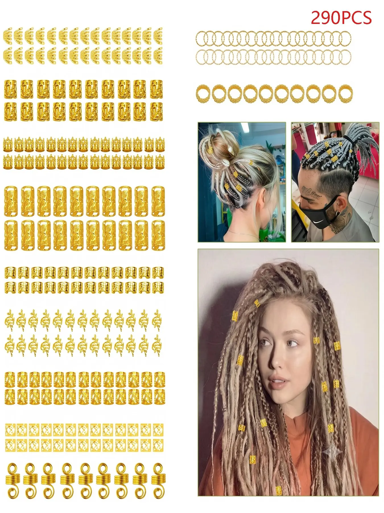 290PCS Gold Dreadlock Hair Cuffs Set, Assorted Hollow Metal Braid Rings Clips, Boho Loc Hair Jewelry for Braids Twists Festival Hippie Hairstyle Decor