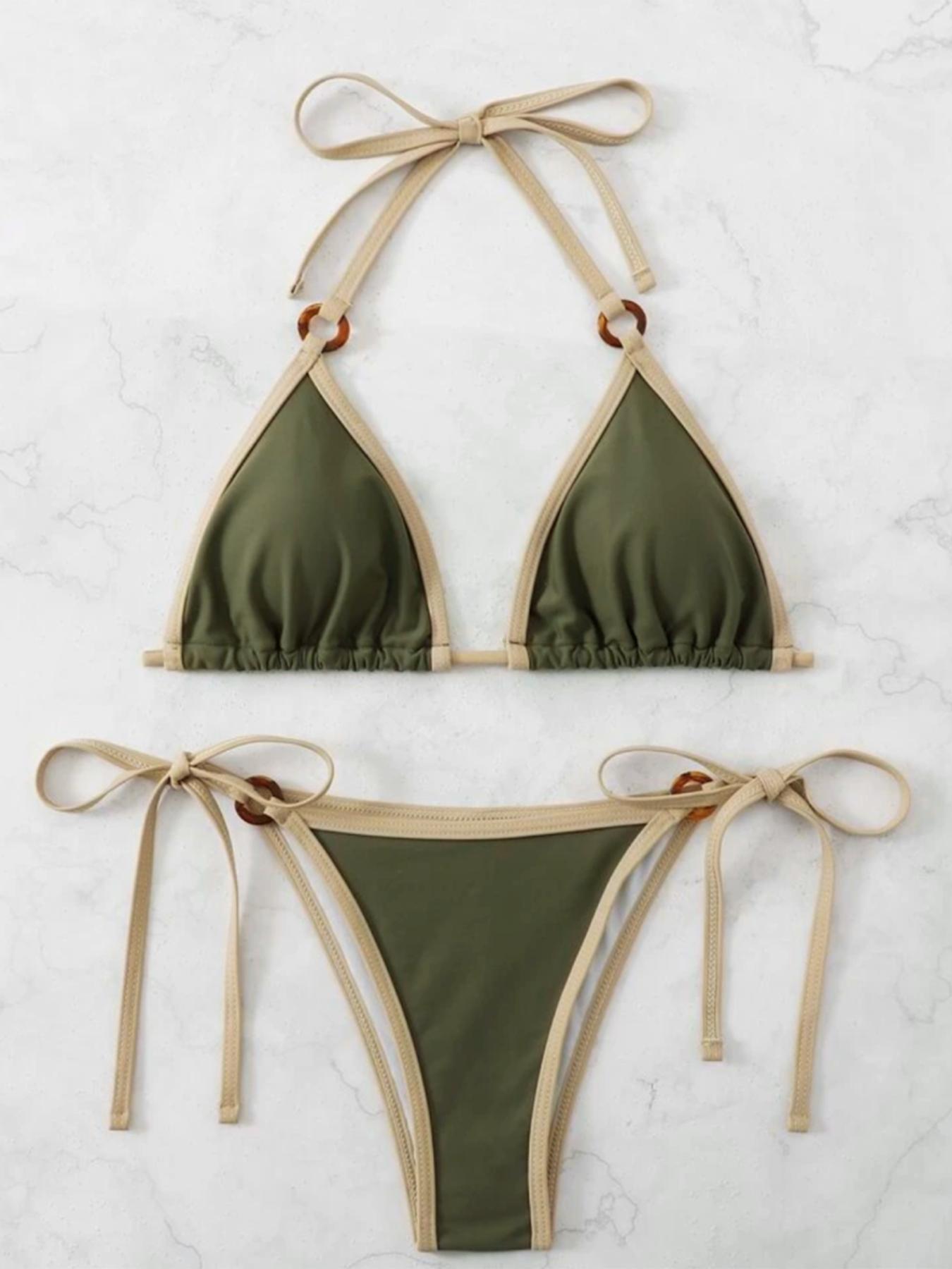 Two-Piece Set Women's Contrast Binding Ring Linked Set for Summer 2024, Casual Halter Triangle Swim Bra & Tie Side Swim Bottom, Ladies Summer Swimwear Linked Bikinis Sets