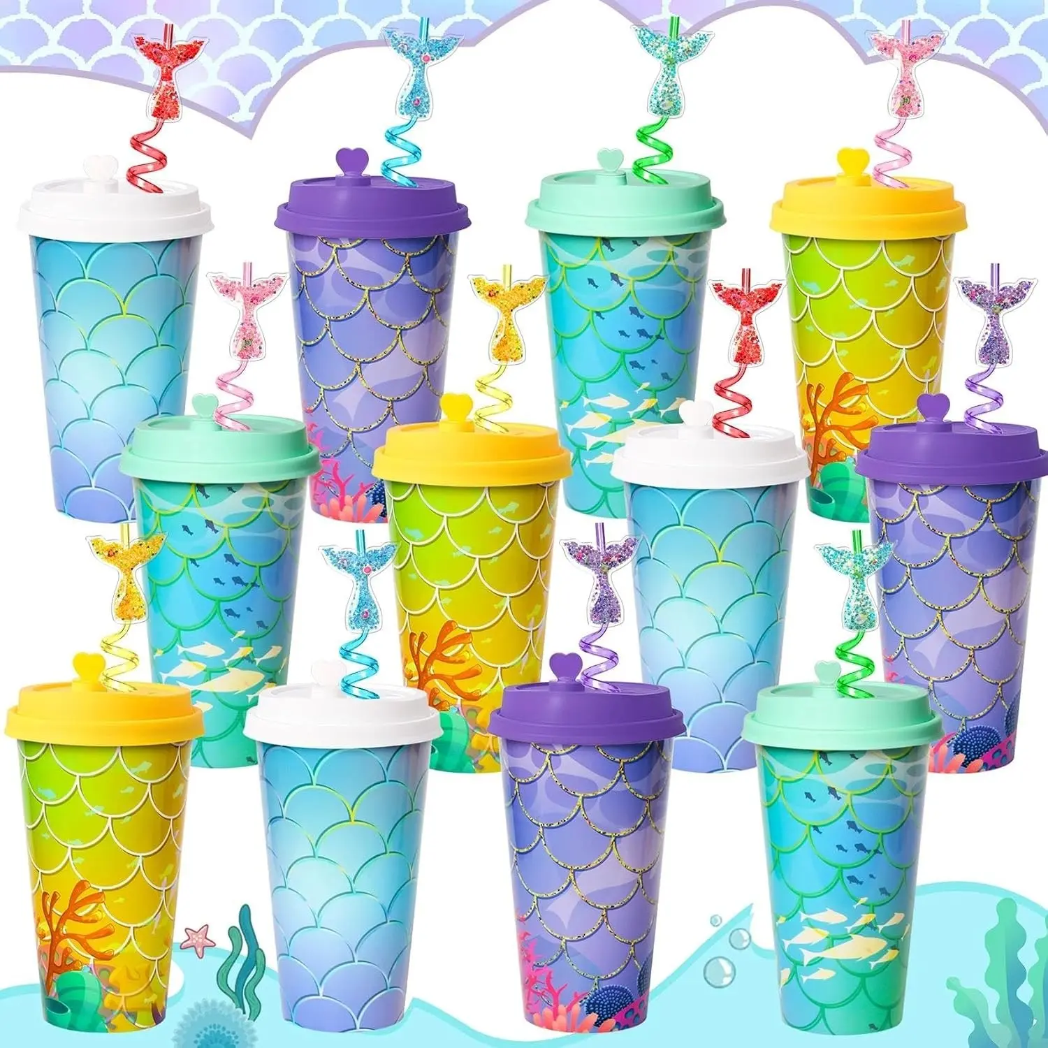 24 Mermaid Party Favors Cups with Lids and Mermaid Tail Straws Decorations | 16OZ Plastic Cups for Under the Sea Birthday Decorations Supplies Party Goodie Bags Stuffers for Kids Girls