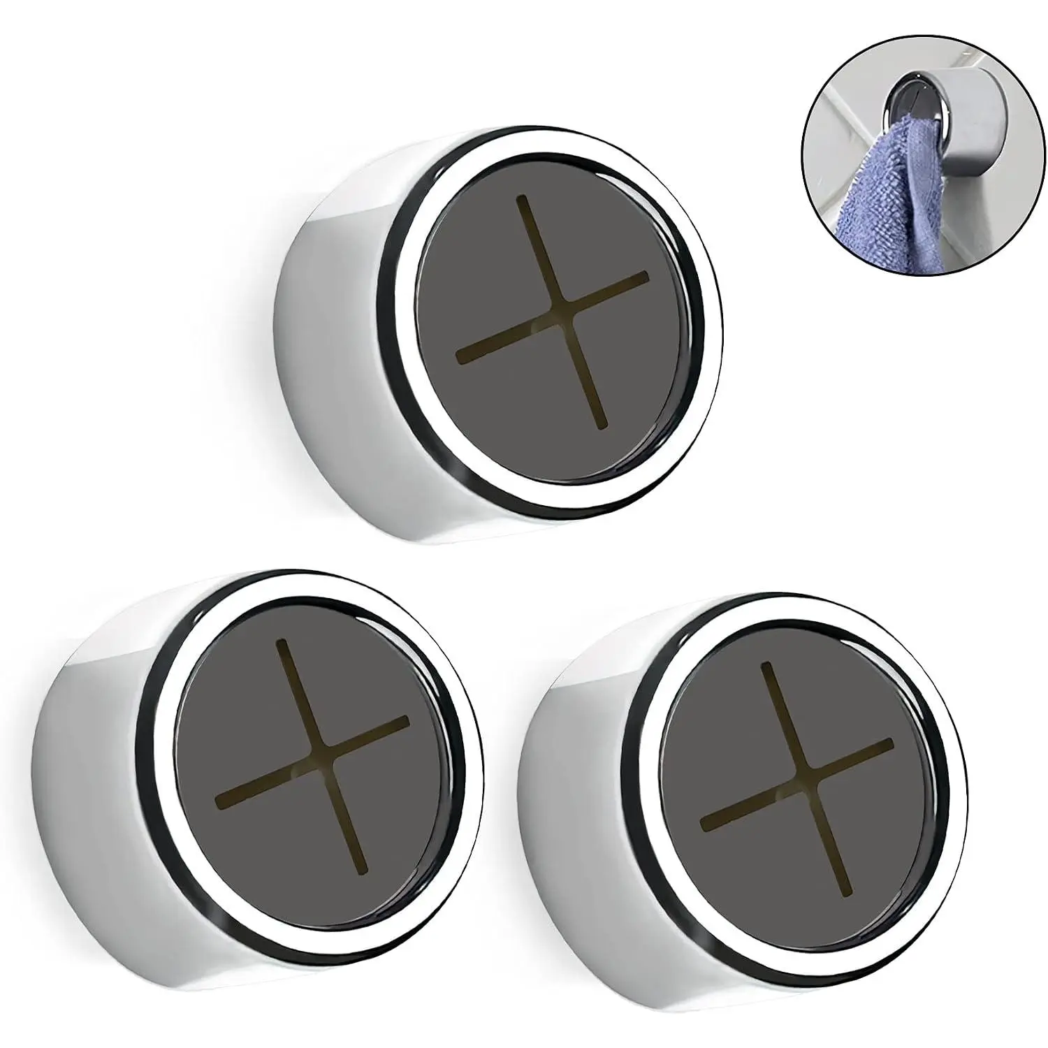 3 count Kitchen Towel Hooks Round Adhesive Dish Towel Hook  Chrome Finish & Easy Installation Wall Mount Hand Towel Hook Ideal as Bathroom, Shower or Outdoor Towel Holders