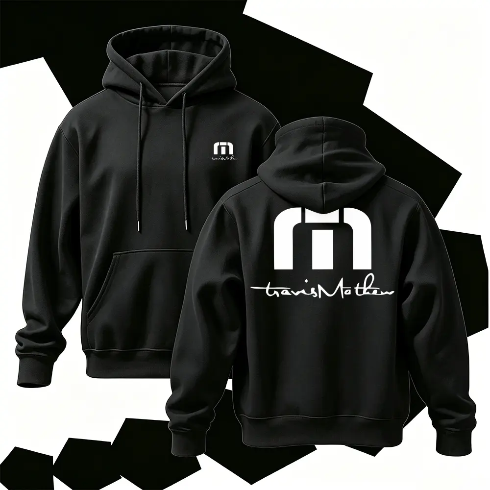 TravisMathew Two Sides Print Hoodie Front Small Chest Logo Back Big M Logo Graphic Pullover Golf Lifestyle Casual Streetwear Hooded Sweatshirt