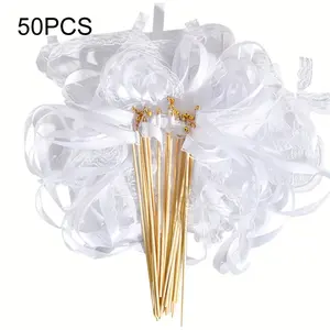 50PCS Colorful Ribbon Fairy Wands, Handheld Silk Streamer Sticks for Wedding Send Off Ceremony, Reusable Romantic Guest Party Favor Photo Prop Decor Supplies