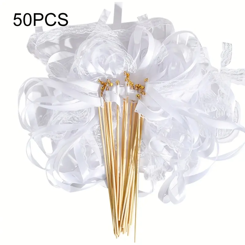 50PCS Colorful Cute Ribbon Fairy Wands, Handheld Silk Streamer Sticks for Wedding Send Off Ceremony, Reusable Romantic Guest Party Favor Photo Prop Decor Supplies