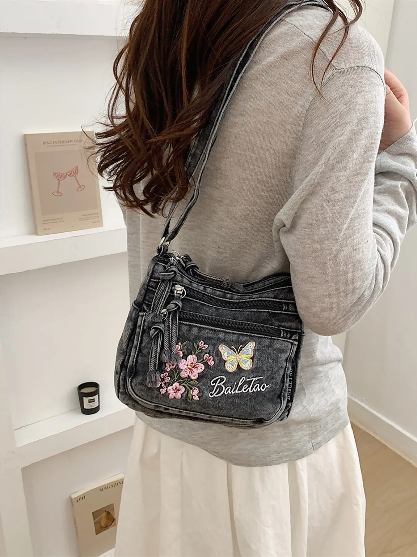 Women's Vintage Washed Denim Crossbody Bag With Butterfly Floral Embroidery, 3 Colors Multi Zipper Layered Pocket Shoulder Purse, Adjustable Wide Strap Wear-resistant Phone Bag, Distressed Tassel Drawstring Casual Sling Bag for School Commute Shopping