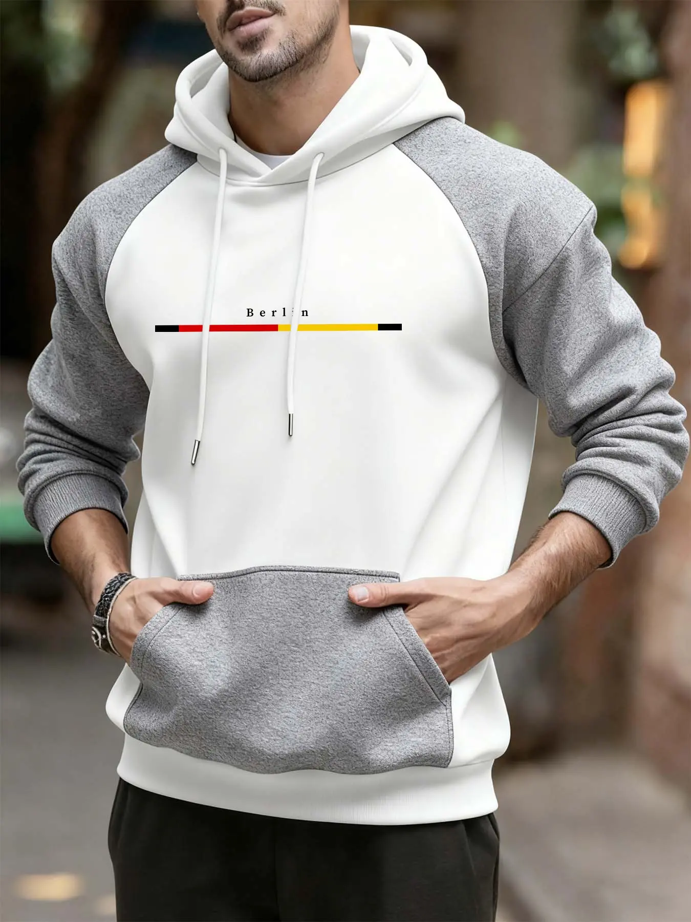 Men's Casual Patchwork Hoodie, Berlin Theme Print, Spring & Fall Daily Commute Top, Slim-Fitting Sweatshirt, Geometric Letters Pattern
