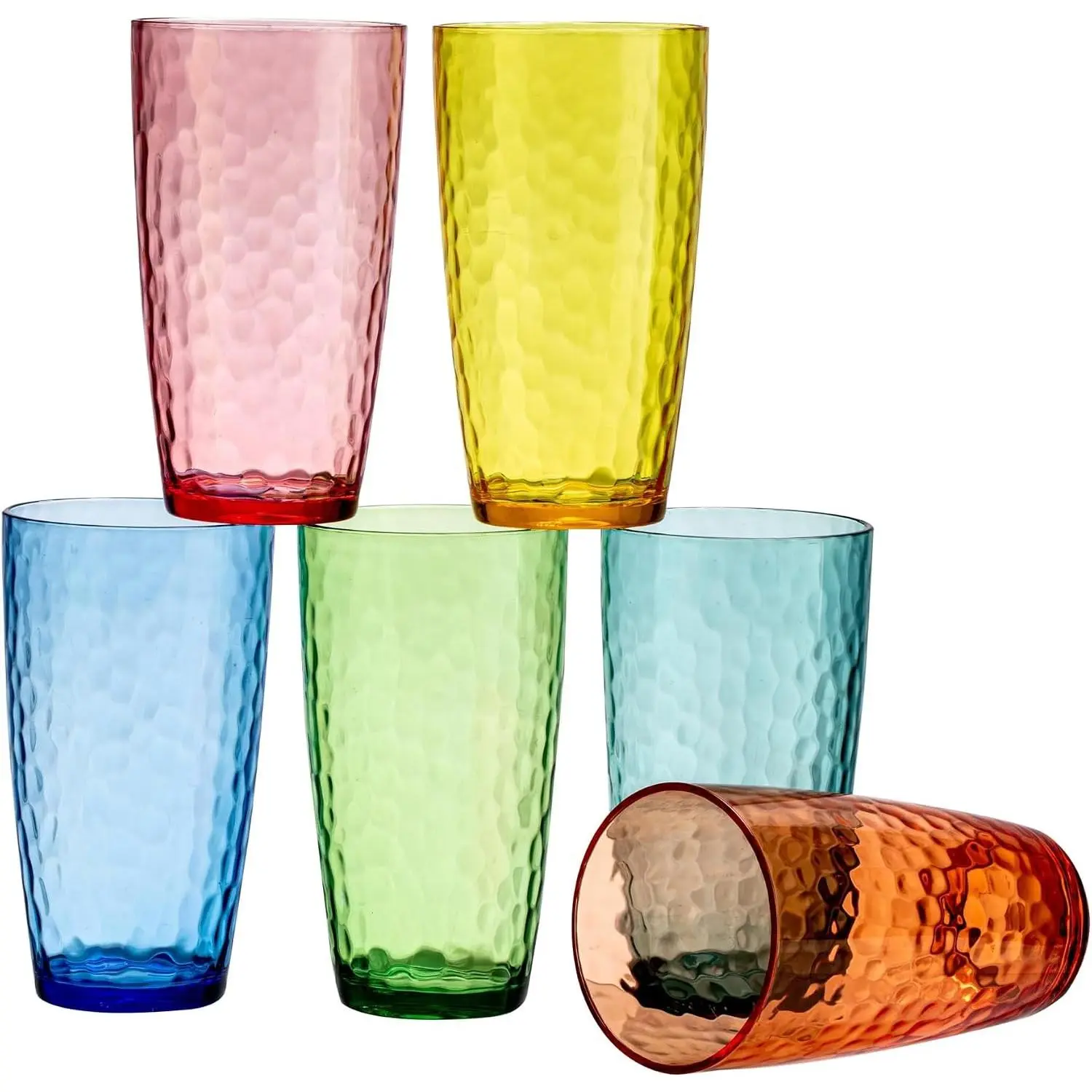 Hammered Acrylic Drinking Glasses, 20 oz, Set of 6, Rainbow Colors